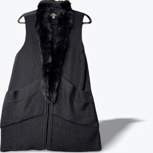 Metric Knits Fur Collection Knit Vest Removable Fur Trim Chunky Ribbed Long